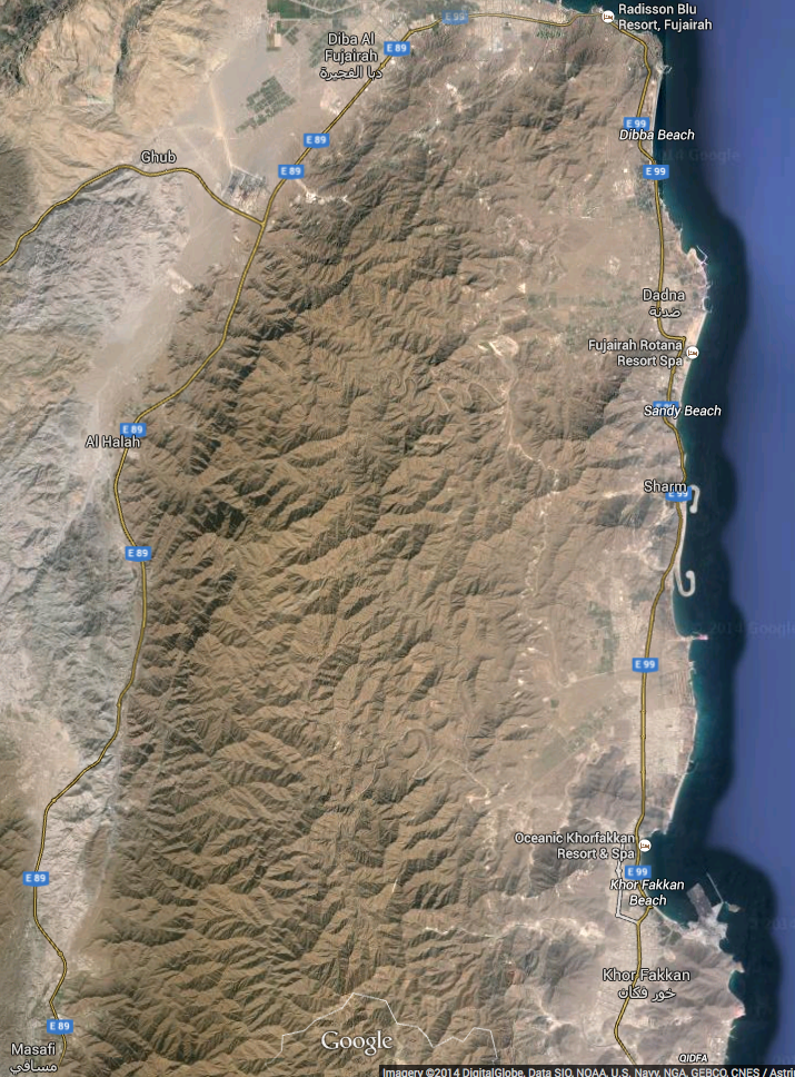 Bottom left is Masafi, where we stopped to explore for lunch. Just north of the bay of Khor Fakkan is the beach where we camped. Top right is the Radisson Blu